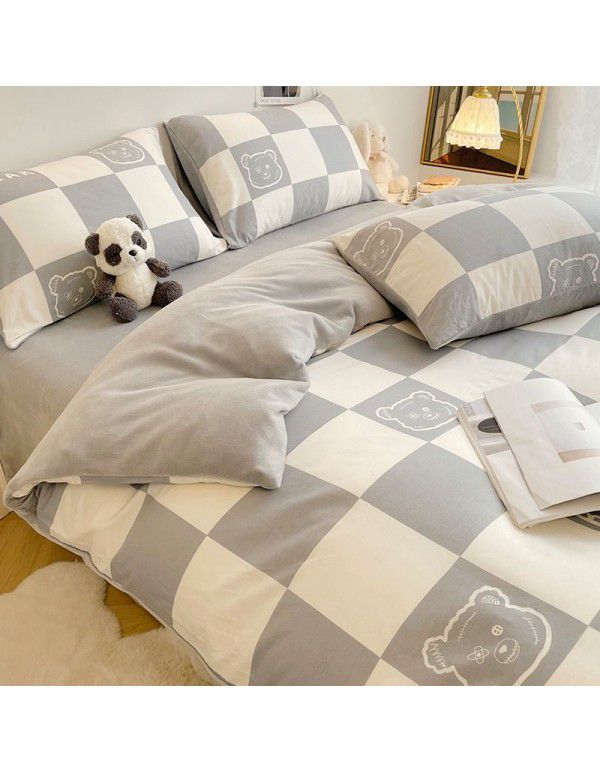Winter A pure cotton B milk velvet bedding 4-piece set thickened cotton coral velvet quilt cover flange flannel bedspread