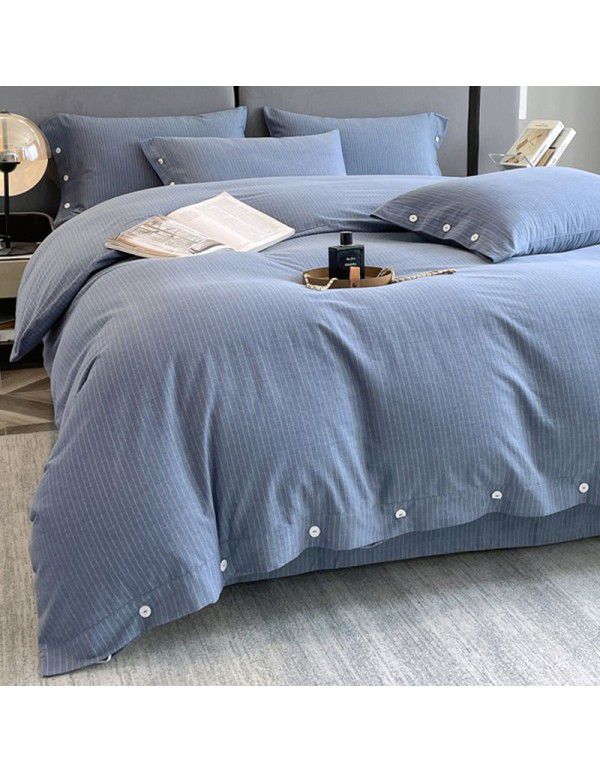 Good thick brushed 4-piece set of all cotton pure cotton simple stripes in autumn and winter