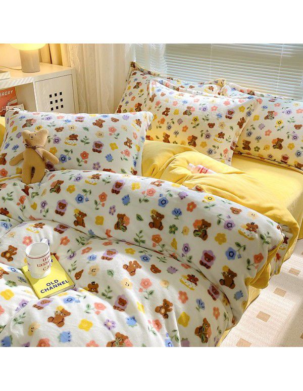 Autumn and winter thickened milk velvet bed four piece set, double-sided plush warm coral velvet bed sheet and quilt cover, three piece set wholesale
