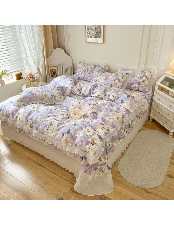 Ins Small fresh pure cotton bed sheet quilt cover fall and winter cotton bed cover three piece quilt fitted sheet four piece quilt cover