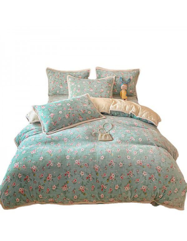 Ins Winter Milk Wool 4-Piece Rabbit Wool Quilt Cover Sheet Pastoral Warm Upset Double Sided Wool Bedding 4