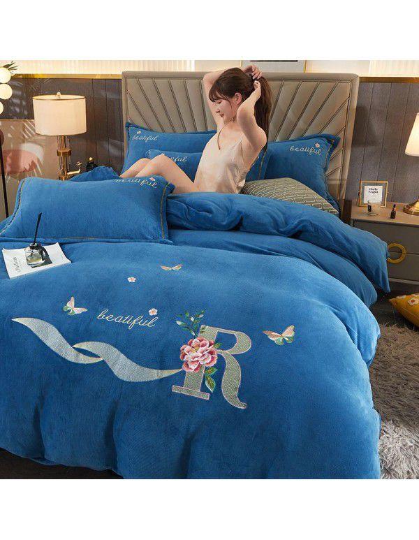 Autumn and winter thickened milk velvet four piece set, flower embroidery flannel quilt cover, bed sheet, bedding set, wholesale
