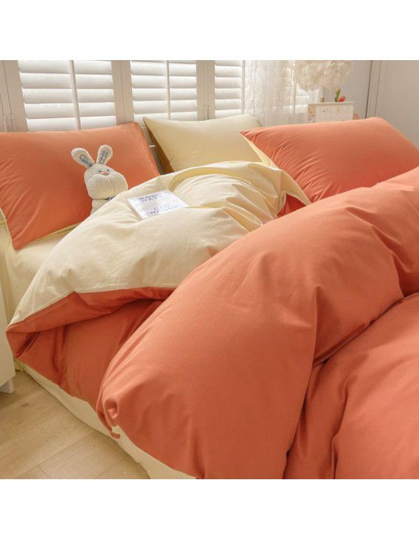 Ins style simple bedding cream style kit nude sleeping water washing cotton sheet quilt cover student dormitory four piece set