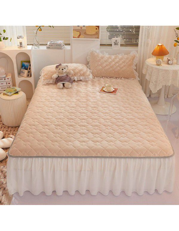 Class A milk flannel lace bed skirt antibacterial cotton quilt bed cover mattress thickened densified soybean anti bacteria bed skirt three piece set