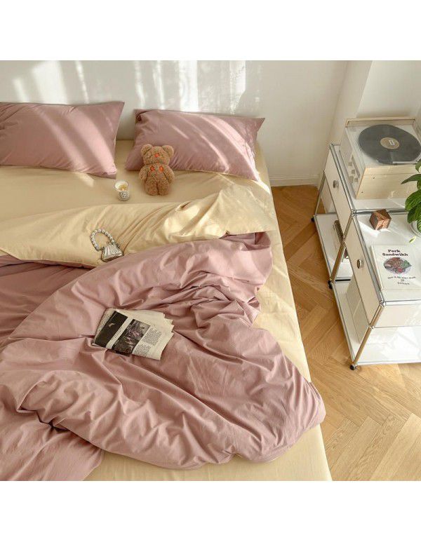 Japanese simple cotton double piece washable cotton four piece set solid color Nordic style cotton quilt cover bed sheet and fitted sheet