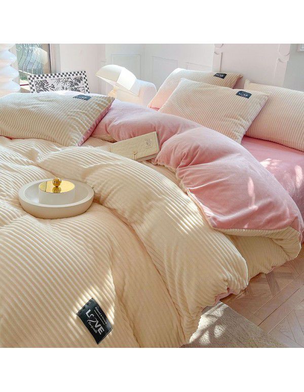 Flannel 4-piece winter milk velvet coral velvet double-sided plush quilt cover magic crystal velvet bedspread 3-piece set