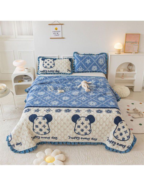 Autumn and winter thickened milk velvet bed cover three piece quilted cotton crystal velvet blanket lace warm blanket sub sheet