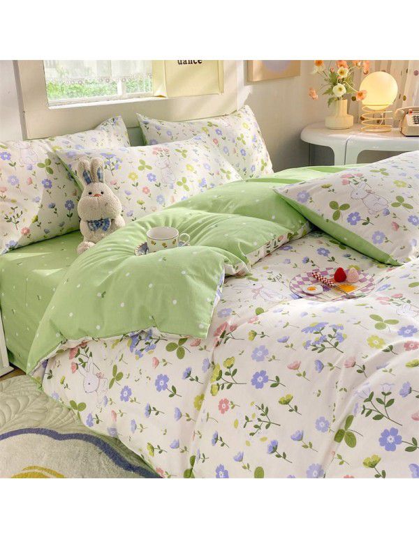 Mengjiuran 60 Thread Count Small Fresh Cotton 4-Piece Set Autumn and Winter Cotton 3-Piece Dormitory Flat Sheet Quilt Cover Fitted Sheet