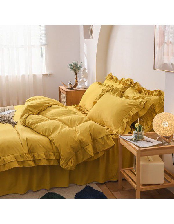 Ins girl's heart wash cotton bed skirt four piece princess style bed sheet quilt cover three piece 1.5/1.8m bed 