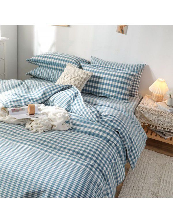 All cotton washed cotton four piece set simple cotton checked quilt cover bedspread sets supplied directly by the manufacturer for wholesale
