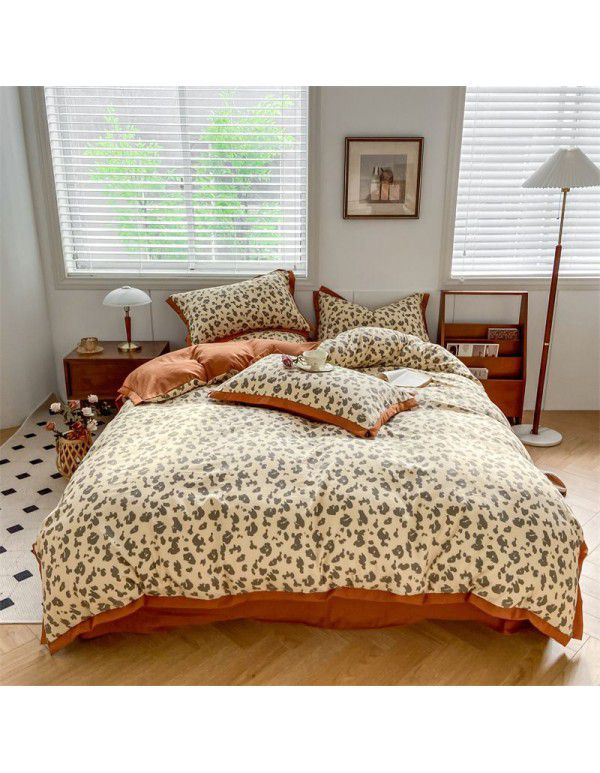 New Autumn and Winter Pure Class A Washed Cotton and Hemp 4-Piece Double Layer Yarn Cotton Small Fresh Quilt Cover Flat Sheet Live Broadcast Hot Sale