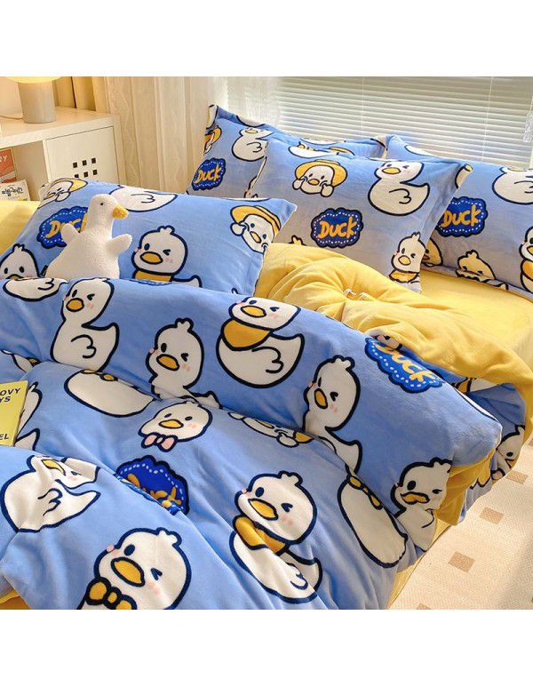 Autumn and winter thickened milk velvet bed four piece set, double-sided plush warm coral velvet bed sheet and quilt cover, three piece set wholesale
