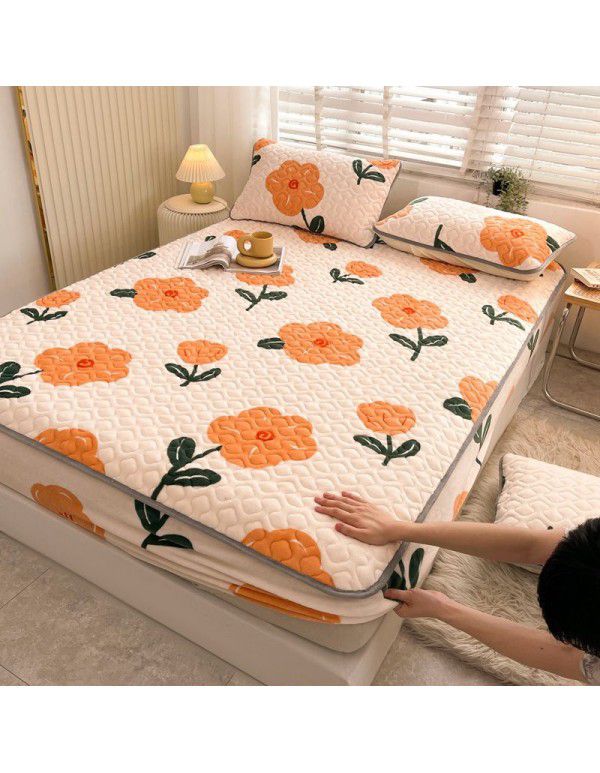 New Milk Down Fitted Sheet One Piece Winter Flange Coral Down Thickened Cotton Fitted Sheet Stuffed Anti slip Protection Mattress