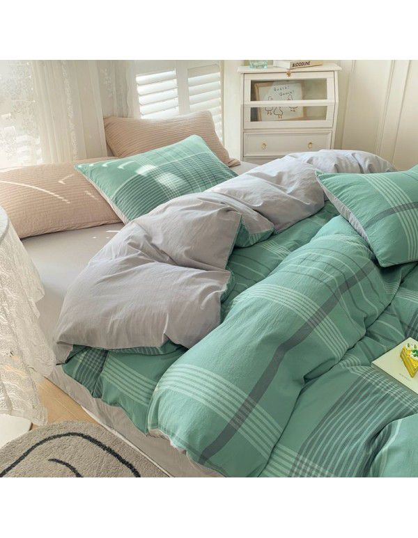 Cotton Yarn dyed Washed Cotton Four Piece Set Pure Cotton Printless Manufacturer Direct Sales Bedding, Quilt Cover, Japanese Style Good Fitted Sheet Wholesale