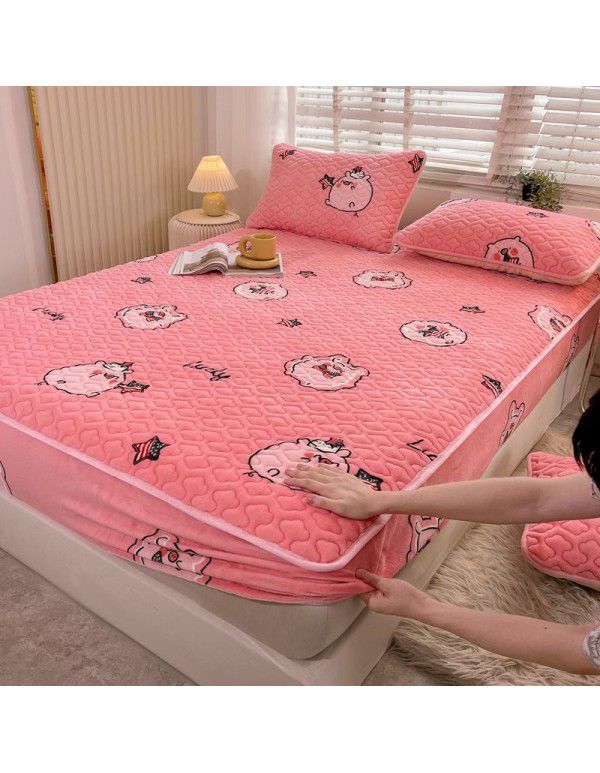 New Milk Down Fitted Sheet One Piece Winter Flange Coral Down Thickened Cotton Fitted Sheet Stuffed Anti slip Protection Mattress