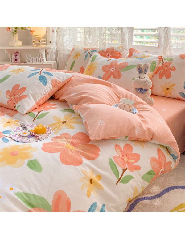 Mengjiuran 60 Thread Count Small Fresh Cotton 4-Piece Set Autumn and Winter Cotton 3-Piece Dormitory Flat Sheet Quilt Cover Fitted Sheet