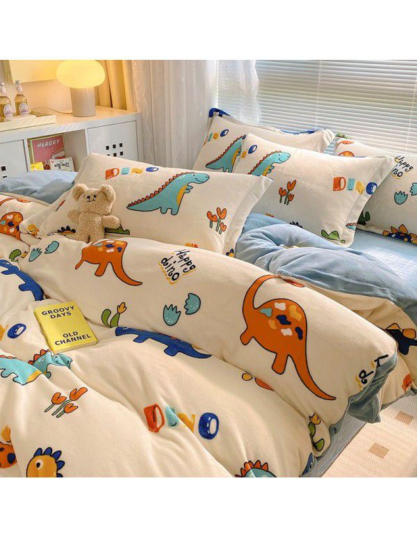 Autumn and winter thickened milk velvet bed four piece set, double-sided plush warm coral velvet bed sheet and quilt cover, three piece set wholesale
