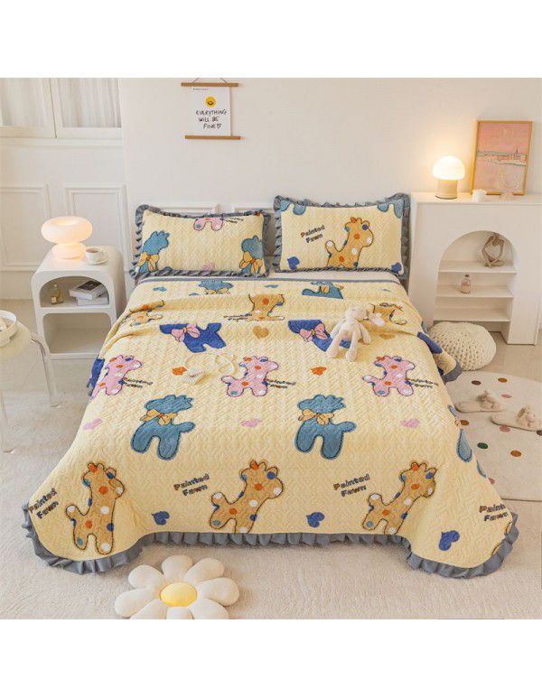 Autumn and winter thickened milk velvet bed cover three piece quilted cotton crystal velvet blanket lace warm blanket sub sheet