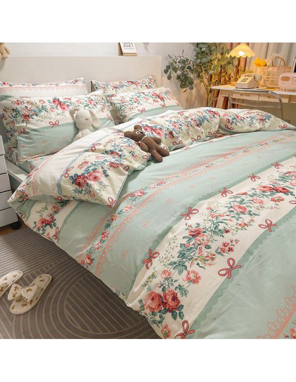 Four piece set in bed, all cotton Nordic style four piece set, 100 cotton spring and autumn bed sheet, fitted sheet, single dormitory set
