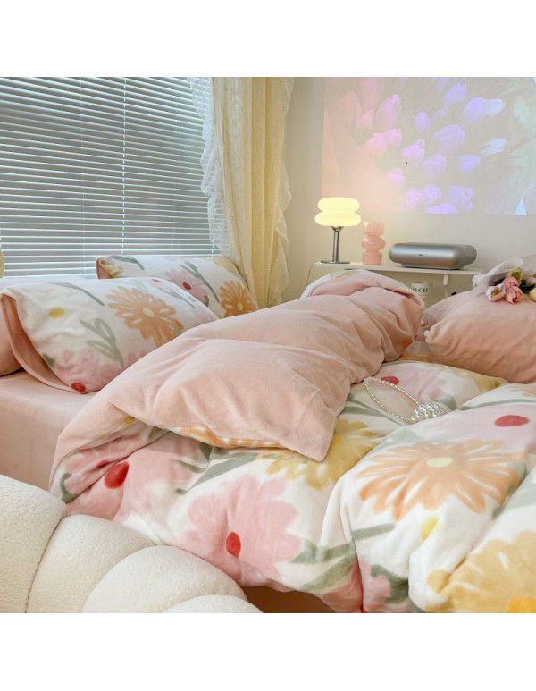 Ins fresh tulip milk velvet four piece set floral coral velvet bed sheet winter thickened quilt cover warm bed