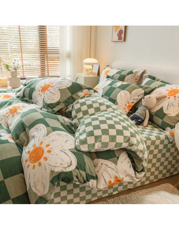 Winter four piece milk velvet thickened warm small fresh flannel quilt cover bedspread bedding live wholesale