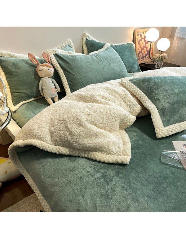 Thickened Milk Cashmere Bed 4-Piece Lamb Cashmere Checker Quilt Cover Winter Coral Cashmere Bedding Piece 3-Piece Men's Sheet Set