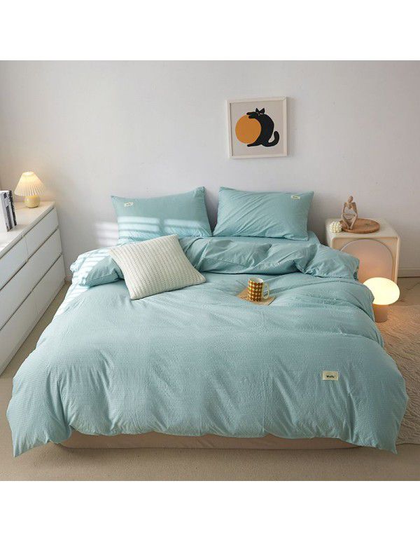 New Waffle simple solid color four piece single double bed sheet quilt cover four piece fitted sheet set three piece set wholesale
