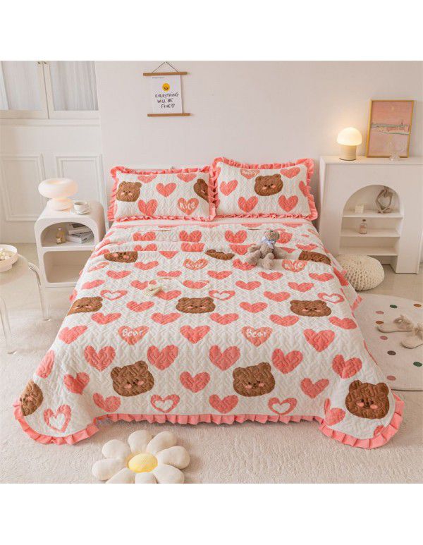 Autumn and winter thickened milk velvet bed cover three piece quilted cotton crystal velvet blanket lace warm blanket sub sheet