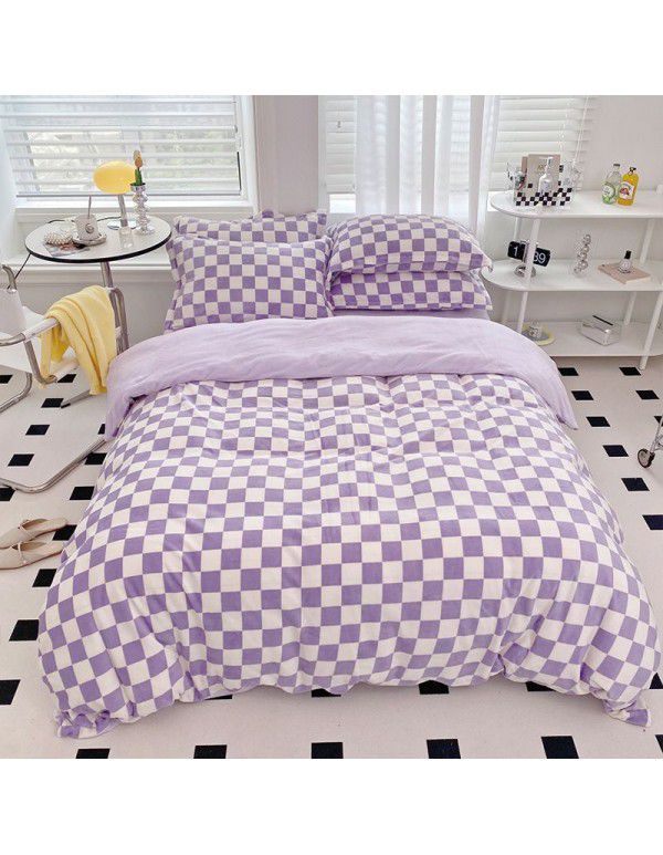 Milk velvet four piece set checkerboard thickened warm bed sheet Fitted sheet Bedding set One piece wholesale