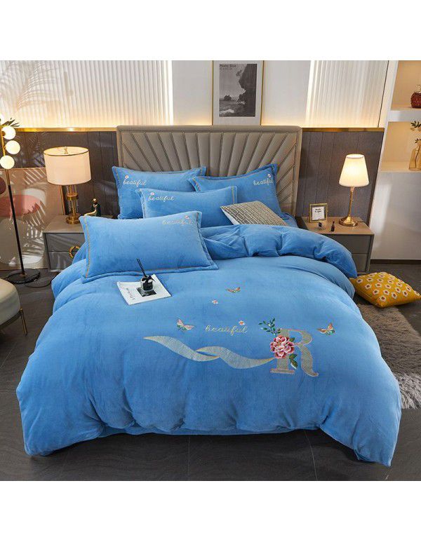Autumn and winter thickened milk velvet four piece set, flower embroidery flannel quilt cover, bed sheet, bedding set, wholesale
