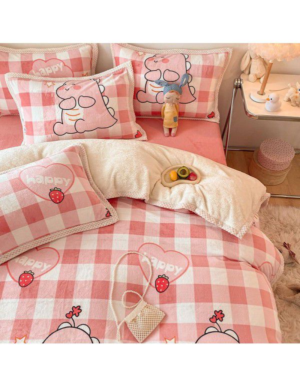 Ins Winter Milk Wool 4-Piece Rabbit Wool Quilt Cover Sheet Pastoral Warm Upset Double Sided Wool Bedding 4