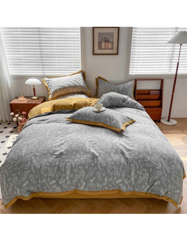 New Autumn and Winter Pure Class A Washed Cotton and Hemp 4-Piece Double Layer Yarn Cotton Small Fresh Quilt Cover Flat Sheet Live Broadcast Hot Sale