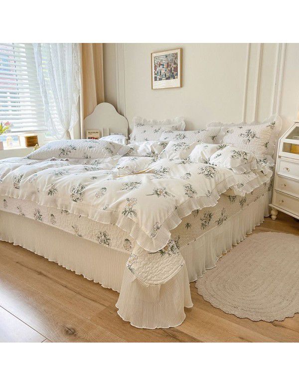Ins Small fresh pure cotton bed sheet quilt cover fall and winter cotton bed cover three piece quilt fitted sheet four piece quilt cover