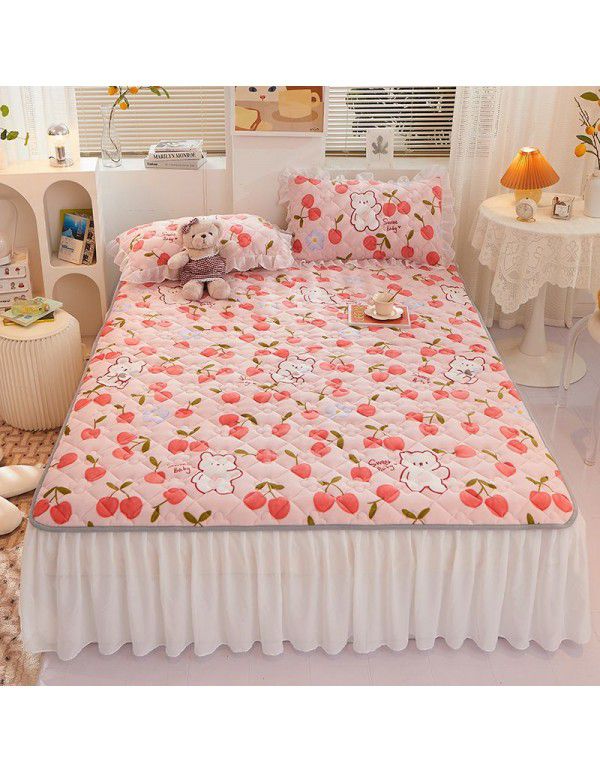 Class A milk flannel lace bed skirt antibacterial cotton quilt bed cover mattress thickened densified soybean anti bacteria bed skirt three piece set