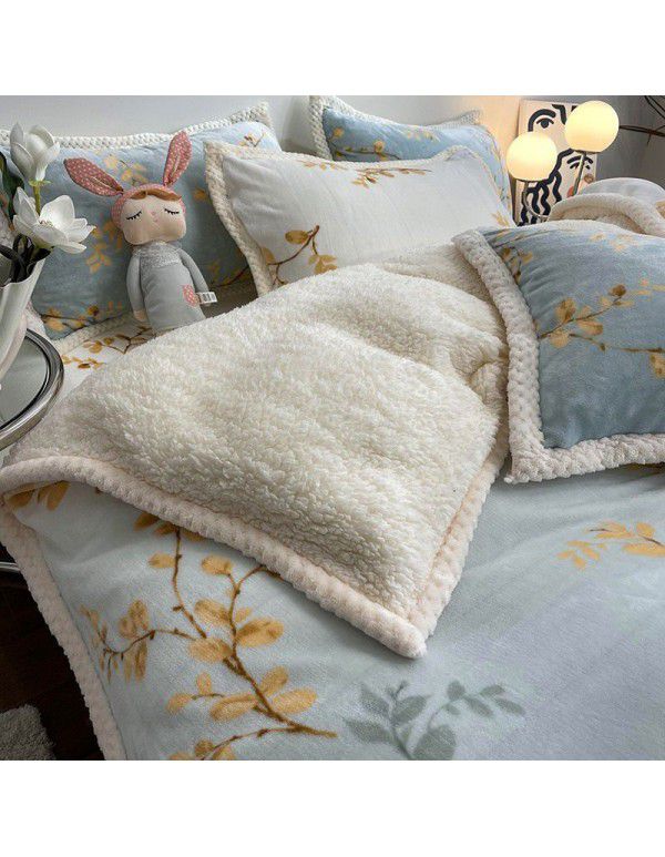 Thickened Milk Cashmere Bed 4-Piece Lamb Cashmere Checker Quilt Cover Winter Coral Cashmere Bedding Piece 3-Piece Men's Sheet Set