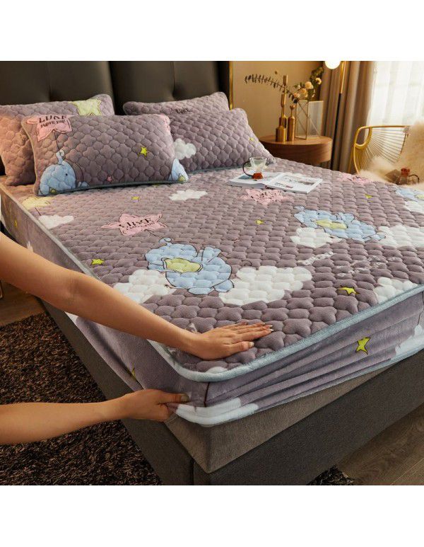 New Milk Down Fitted Sheet One Piece Winter Flange Coral Down Thickened Cotton Fitted Sheet Stuffed Anti slip Protection Mattress
