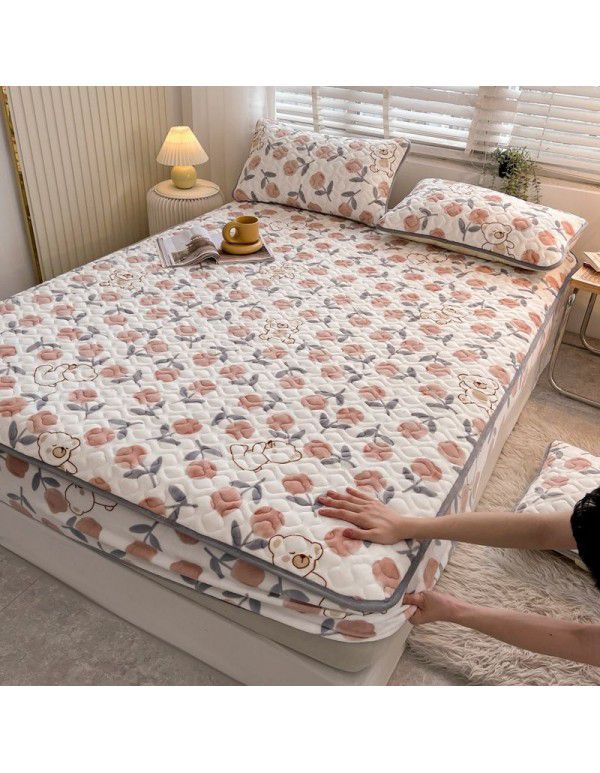 New Milk Down Fitted Sheet One Piece Winter Flange Coral Down Thickened Cotton Fitted Sheet Stuffed Anti slip Protection Mattress