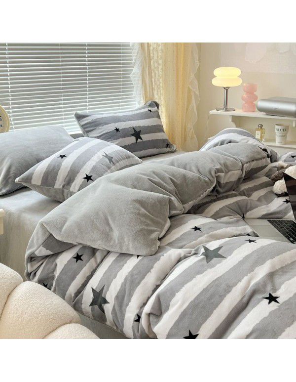 Ins fresh tulip milk velvet four piece set floral coral velvet bed sheet winter thickened quilt cover warm bed