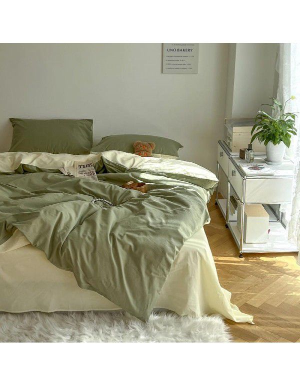 Japanese simple cotton double piece washable cotton four piece set solid color Nordic style cotton quilt cover bed sheet and fitted sheet