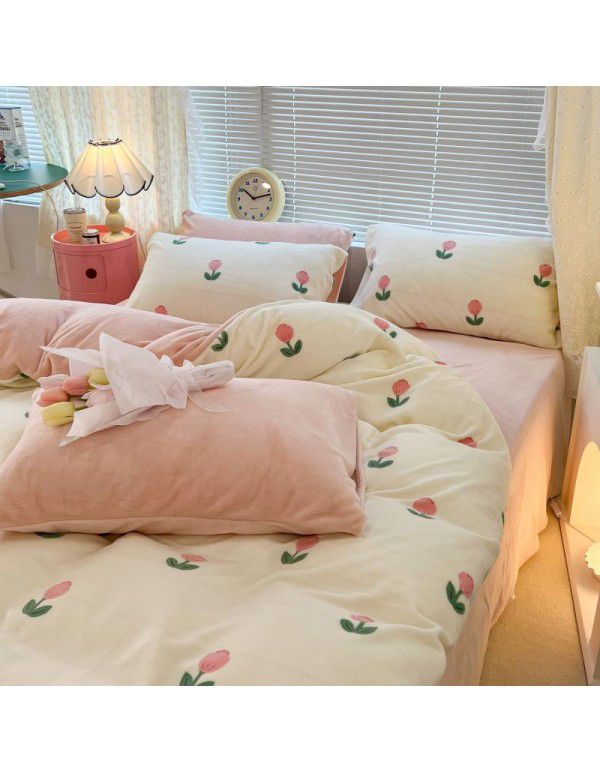 Ins fresh tulip milk velvet four piece set floral coral velvet bed sheet winter thickened quilt cover warm bed