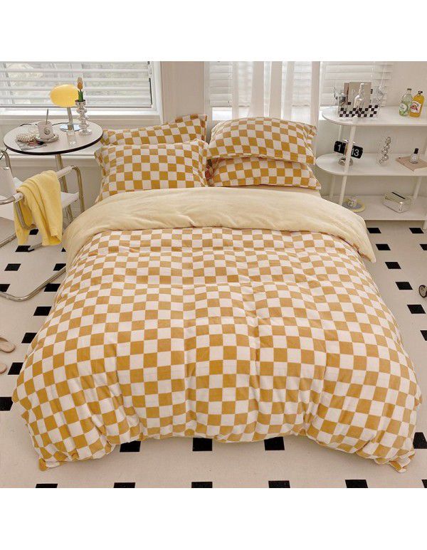 Milk velvet four piece set checkerboard thickened warm bed sheet Fitted sheet Bedding set One piece wholesale