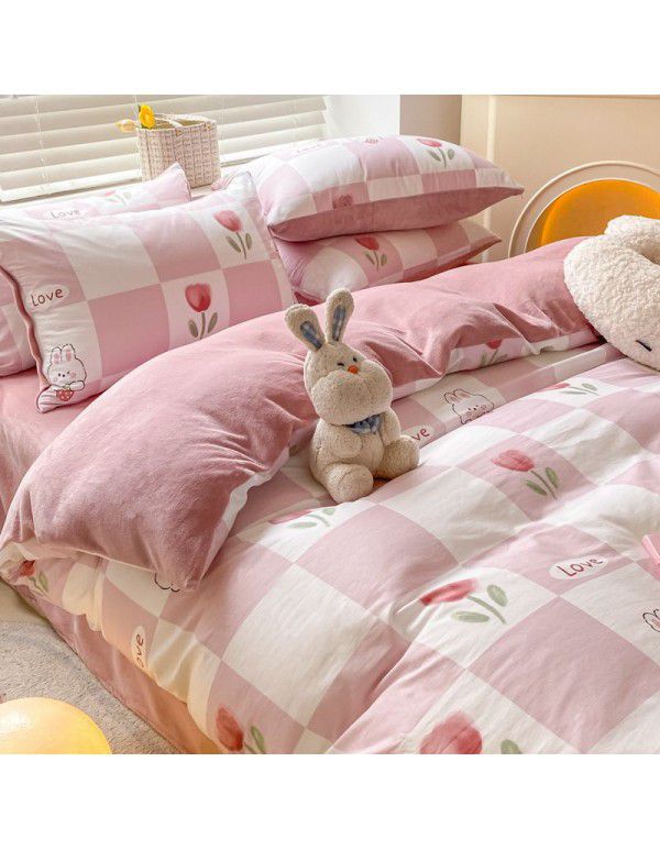 Winter A pure cotton B milk velvet bedding 4-piece set thickened cotton coral velvet quilt cover flange flannel bedspread