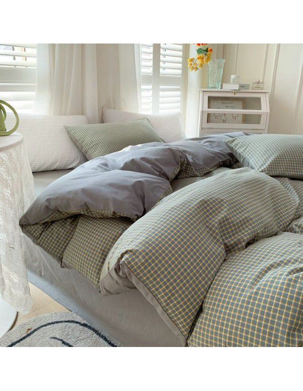 Cotton Yarn dyed Washed Cotton Four Piece Set Pure Cotton Printless Manufacturer Direct Sales Bedding, Quilt Cover, Japanese Style Good Fitted Sheet Wholesale