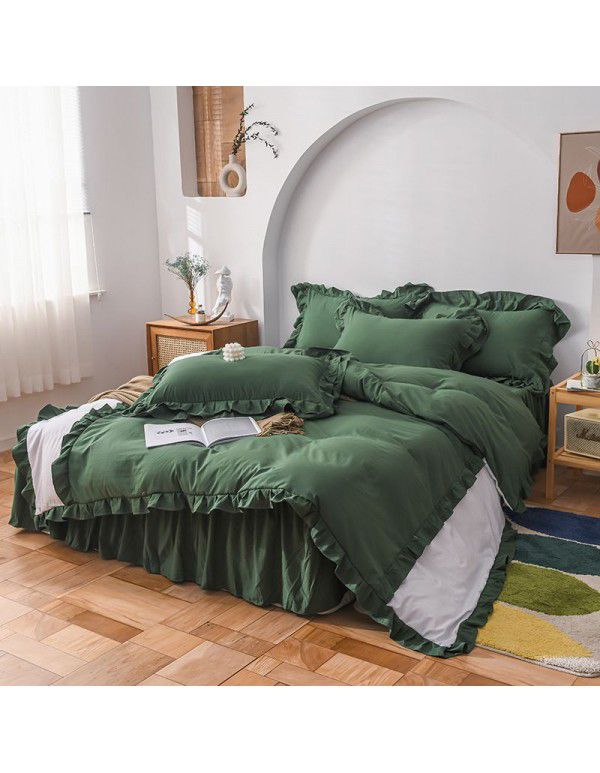 Ins girl's heart wash cotton bed skirt four piece princess style bed sheet quilt cover three piece 1.5/1.8m bed 