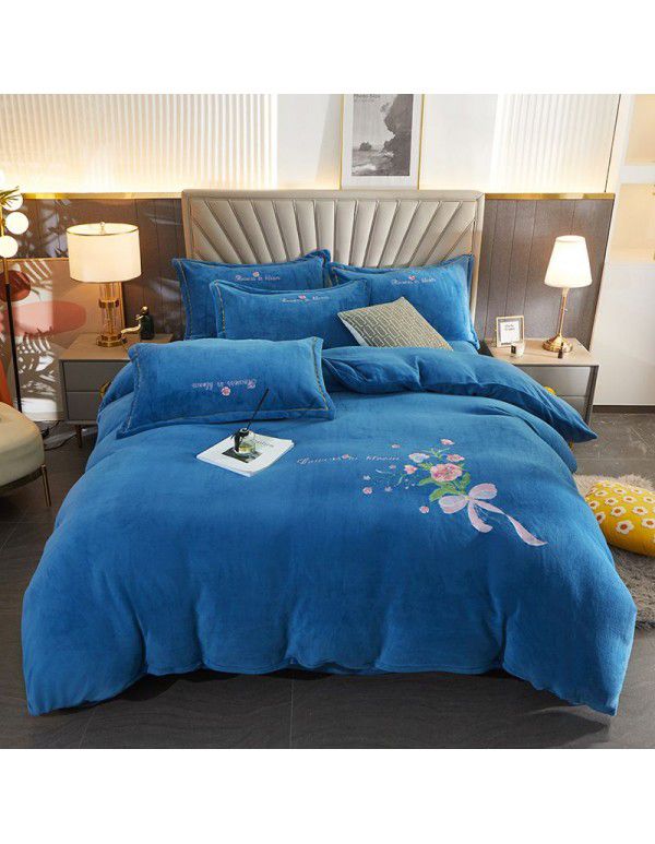 Autumn and winter thickened milk velvet four piece set, flower embroidery flannel quilt cover, bed sheet, bedding set, wholesale