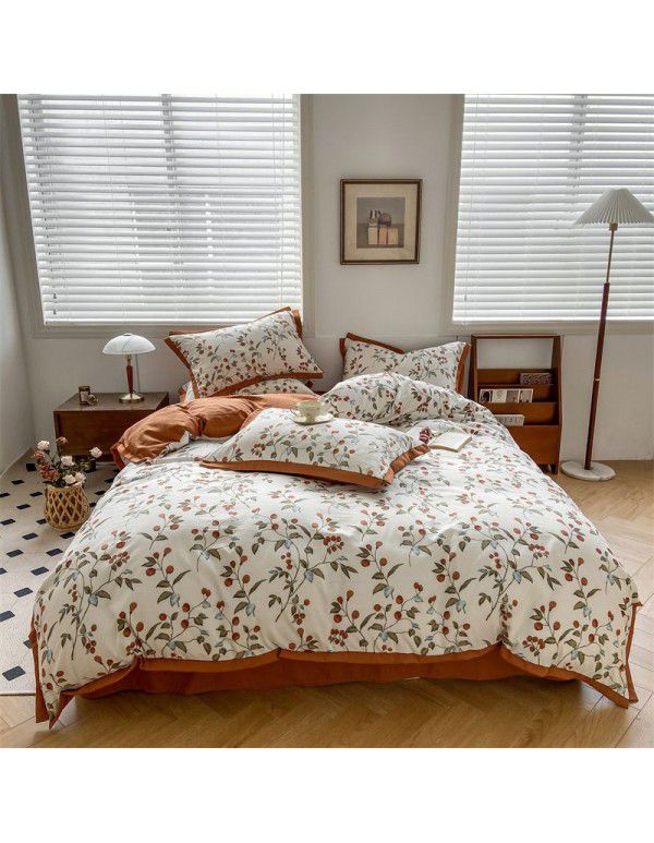 New Autumn and Winter Pure Class A Washed Cotton and Hemp 4-Piece Double Layer Yarn Cotton Small Fresh Quilt Cover Flat Sheet Live Broadcast Hot Sale