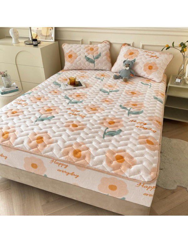 Autumn and winter new class A milk velvet fitted sheet, soybean antibacterial cotton clip thickened bedspread, Farai velvet warm protective cover
