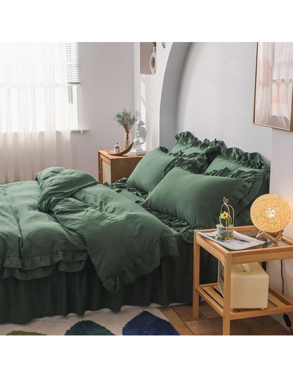 Ins girl's heart wash cotton bed skirt four piece princess style bed sheet quilt cover three piece 1.5/1.8m bed 