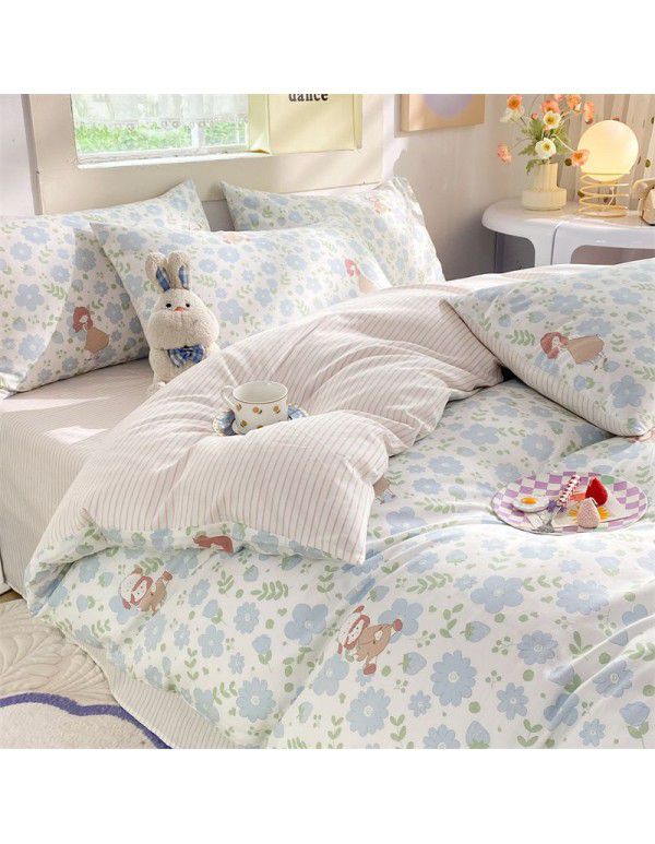 Mengjiuran 60 Thread Count Small Fresh Cotton 4-Piece Set Autumn and Winter Cotton 3-Piece Dormitory Flat Sheet Quilt Cover Fitted Sheet