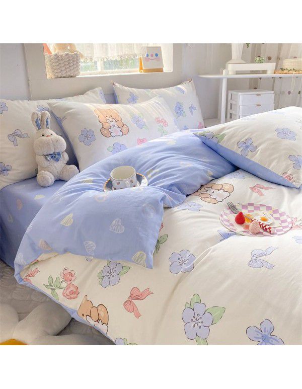 Mengjiuran 60 Thread Count Small Fresh Cotton 4-Piece Set Autumn and Winter Cotton 3-Piece Dormitory Flat Sheet Quilt Cover Fitted Sheet